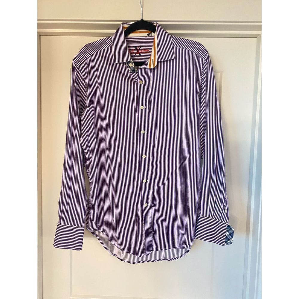 Robert graham purple white striped button up dress shirt medium